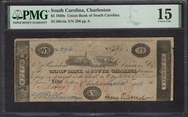 1850s $5 Union Bank Charleston South Carolina PMG 15 Item #1993996-006