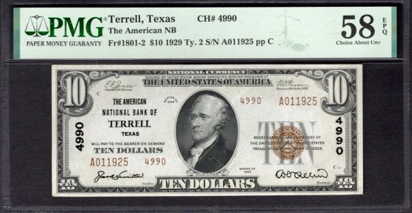 1929 $10 American National Bank Terrell Texas PMG 58 EPQ Fr.1801-2 CH#4990 Item #2175761-065