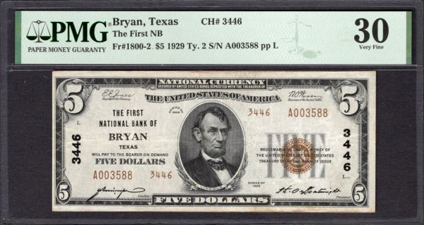 1929 $5 First National Bank Bryan Texas PMG 30 Fr.1800-2 CH#3446 Item #1995197-011