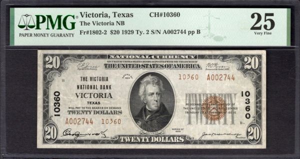 1929 $20 Victoria National Bank Texas PMG 25 Fr.1802-2 CH#10360 Item #1995197-019