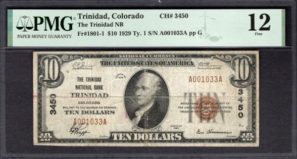 1929 $10 Trinidad National Bank Colorado PMG 12 Fr.1801-1 CH#3450 Item #2182128-019
