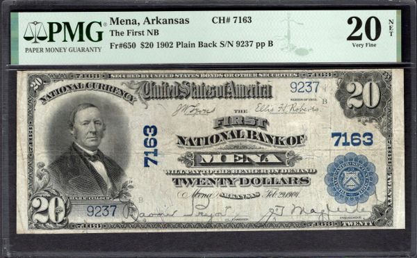 1902 $20 First National Bank of Mena Arkansas PMG 20 NET Fr.650 CH#7163 Item #2182128-016