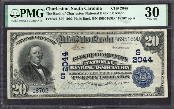 1902 $20 Bank of Charleston National Banking Assoc. South Carolina PMG 30 Fr.654 CH#2044 Item #2182128-015