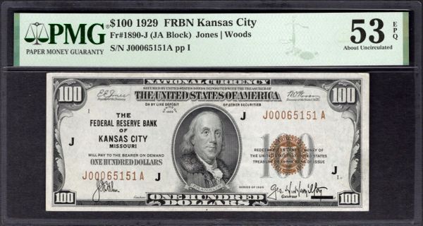 1929 $100 Kansas City FRBN PMG 53 EPQ Fr.1890-J Item #1995337-002