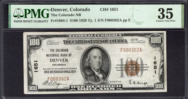 1929 $100 Colorado National Bank of Denver PMG 35 Fr.1804-1 CH#1651 Item #1995099-001