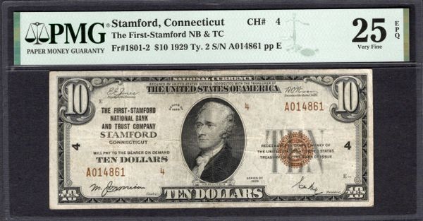 1929 $10 First-Stamford NB & TC Stamford Connecticut PMG 25 Fr.1801-2 CH#4 Item #1994721-001