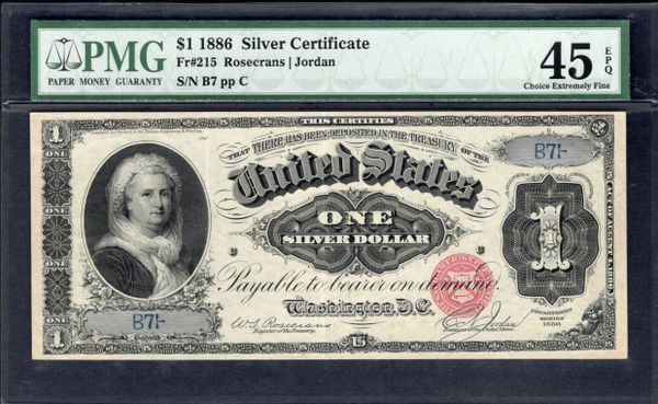 1886 $1 Silver Certificate Martha Note PMG 45 EPQ Fr.215 Single Digit Serial Number 7 Item #1134087-003