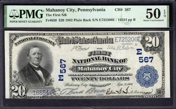 1902 $20 First National Bank Mahanoy City Pennsylvania PMG 50 EPQ Fr.650 CH#567 Item #1995270-035