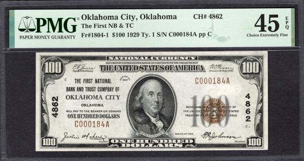 1929 $100 First NB & TC Oklahoma City PMG 45 EPQ Fr.1804-1 CH#4862 Item #1995229-008