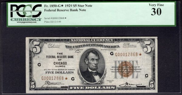 1929 $5 STAR Chicago FRBN PCGS 30 Fr.1850-G* Item #80738816
