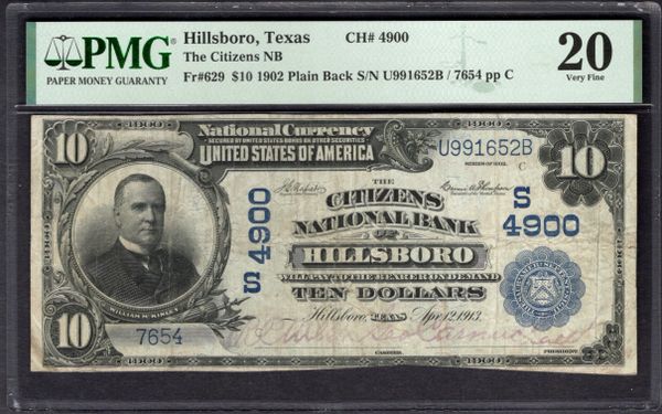1902 $10 Citizens National Bank Hillsboro Texas PMG 20 Fr.629 CH#4900 Item #1995232-008