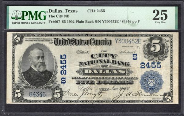 1902 $5 The City National Bank Dallas Texas PMG 25 Fr.607 CH#2455 Item #1995196-014