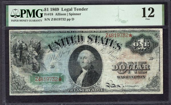 1869 $1 Legal Tender Rainbow Note PMG 12 Fr.18 Item #1995338-019