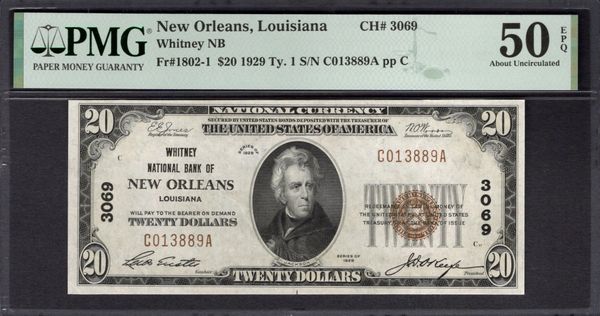 1929 $20 Whitney National Bank of New Orleans Louisiana PMG 50 EPQ Fr.1802-1 CH#3069 Item #1995820-020