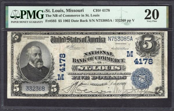 1902 $5 National Bank of Commerce St. Louis Missouri PMG 20 Fr.593 CH#4178 Item #1994551-002