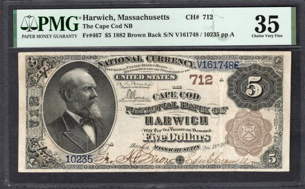 1882 $5 Cape Cod National Bank Harwich Massachusetts PMG 35 Fr.467 CH#712 Item #2513127-021