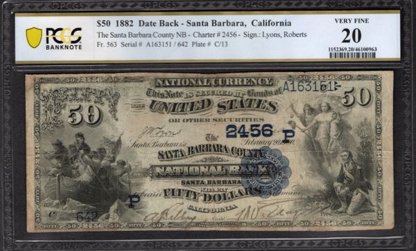 1882 $50 Santa Barbara County National Bank California PCGS 20 Fr.563 CH#2456 Item #46100963