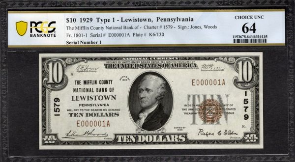 1929 $10 Mifflin County National Bank Lewistown Pennsylvania PCGS 64 Fr.1801-1 Single Digit Serial Number 7 CH#1579 Item #46316135