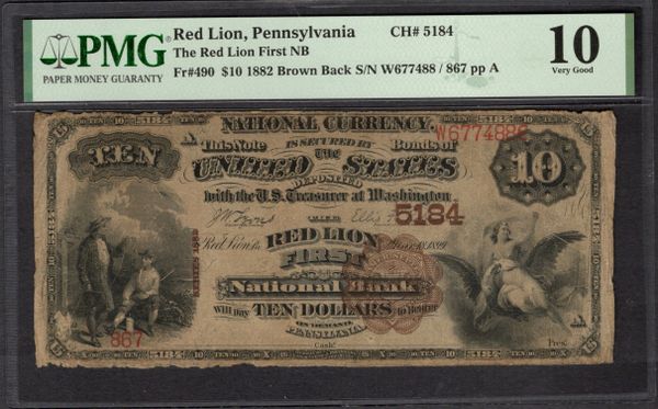 1882 $10 Red Lion First National Bank Pennsylvania PMG 10 Fr.490 CH#5184 Item #1995028-001