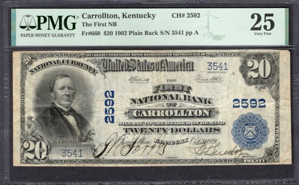 1902 $20 First National Bank Carrollton Kentucky PMG 25 Fr.660 CH#2592 Item #1995837-006