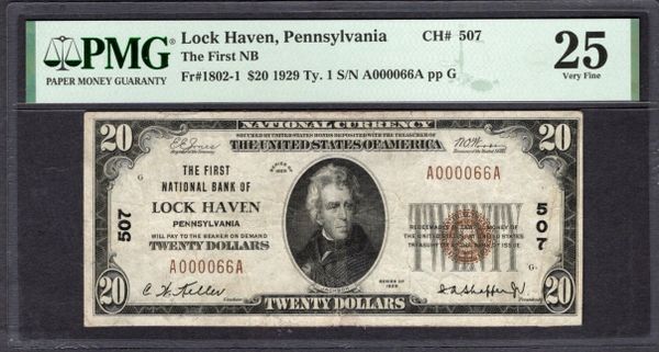 1929 $20 First National Bank Lock Haven Pennsylvania PMG 25 Fr.1802-1 CH#507 Item #1995268-029
