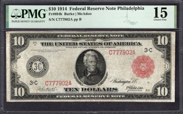 1914 $10 Philadelphia FRN Red Seal PMG 15 Fr.894b Item #2182128-004