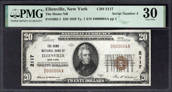 1929 $20 Home National Bank Ellenville New York PMG 30 Fr.1802-1 Single Digit Serial Number 4 CH#2117 Item #2182128-018