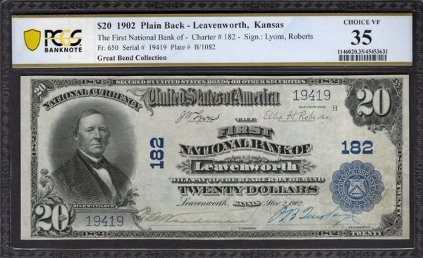 1902 $20 First National Bank Leavenworth Kansas PCGS 35 Fr.650 CH#182 Item #45453631