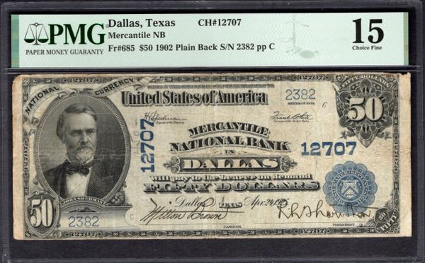 1902 $50 Mercantile National Bank Dallas Texas PMG 15 Fr.685 CH#12707 Item #1995618-024