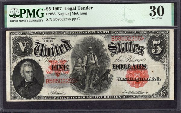 1907 $5 Legal Tender Woodchopper Note PMG 30 Fr.85 Item #1994866-006