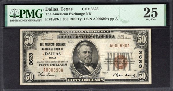 1929 $50 American Exchange NB Dallas Texas PMG 25 Fr.1803-1 CH#3623 Item #1996048-001