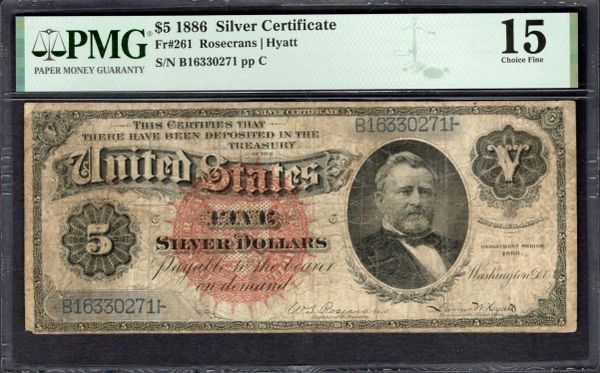 1886 $5 Silver Certificate Morgan Silver Dollar Back PMG 15 Fr.261 Item #1995812-002