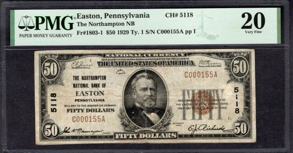 1929 $50 Northampton National Bank Easton Pennsylvania PMG 20 Fr.1803-1 CH#5118 Item #1995266-039