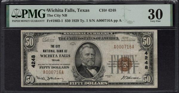 1929 $50 City National Bank Wichita Falls Texas PMG 30 Fr.1803-1 CH#4248 Item #1993940-013