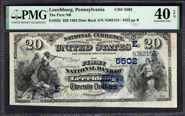1882 $20 First National Bank Leechburg Pennsylvania PMG 40 EPQ Fr.555 CH#5502 Item #1995929-005