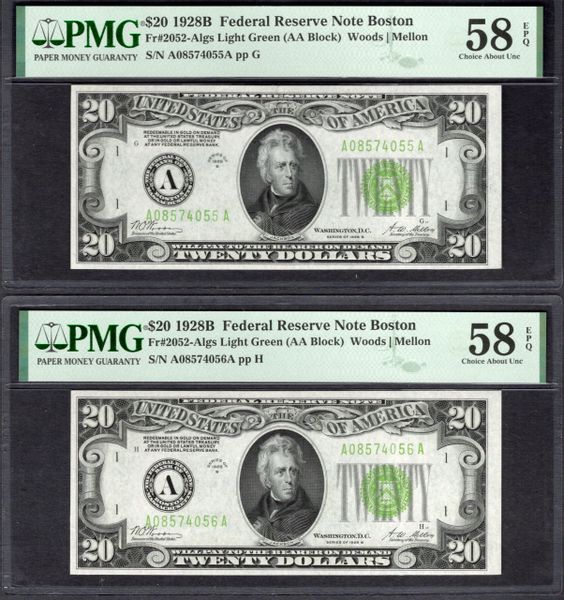 Lot of Six Consecutive 1928B $10 Chicago FRNs PMG 58 EPQ Fr.2052-Algs Light Green Seals Item #1995509-006/011