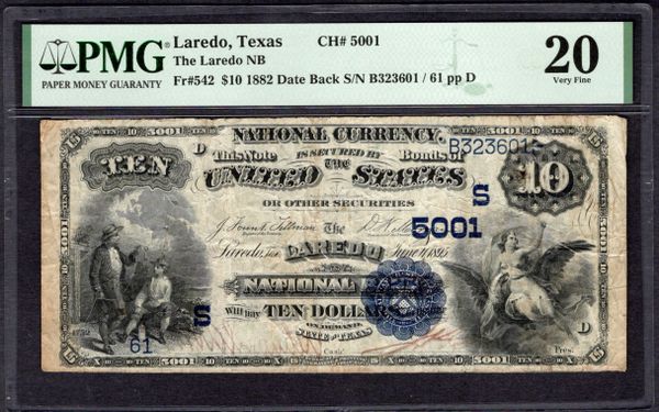 1882 $10 The Laredo National Bank Texas PMG 20 Fr.542 CH#5001 Item #1995242-006