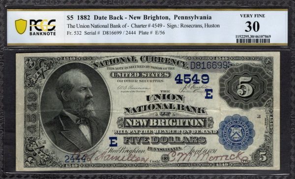 1882 $5 Union National Bank New Brighton Pennsylvania PCGS 30 Fr.532 CH#4549 Item #46107869