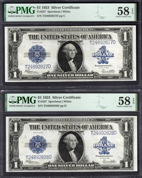 Lot of Five Consecutive 1923 $1 Silver Certificates PMG 58 EPQ Fr.237 Item #1994405-004/008