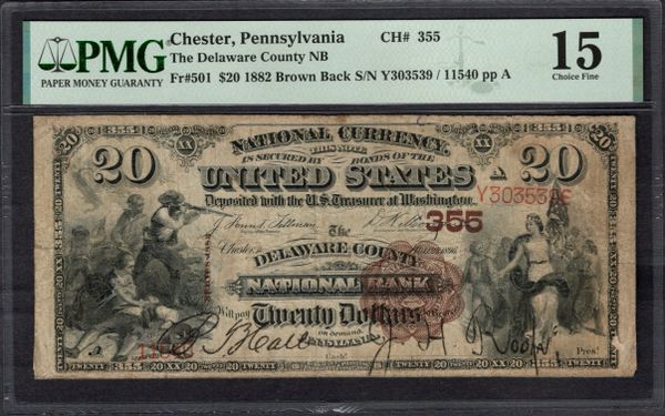 1882 $20 Delaware County National Bank Chester Pennsylvania PMG 15 Fr.501 CH#355 Item #1994972-004