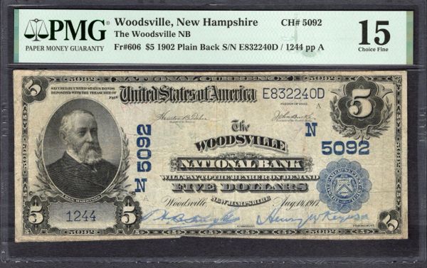 1902 $5 Woodsville National Bank New Hampshire PMG 15 Fr.606 CH#5092 Item #2195561-014