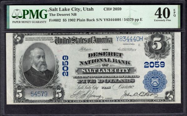 1902 $5 Deseret National Bank Salt Lake City Utah PMG 40 EPQ Fr.602 CH#2059 Item #2116316-003