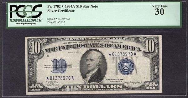 1934A $10 STAR Silver Certificate PCGS 30 Fr.1702* Item #80472371