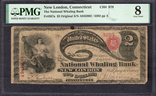 Original Series $2 National Whaling Bank New London Connecticut Lazy Deuce Note PMG 8 Fr.387a CH#978 Item #2011897-018