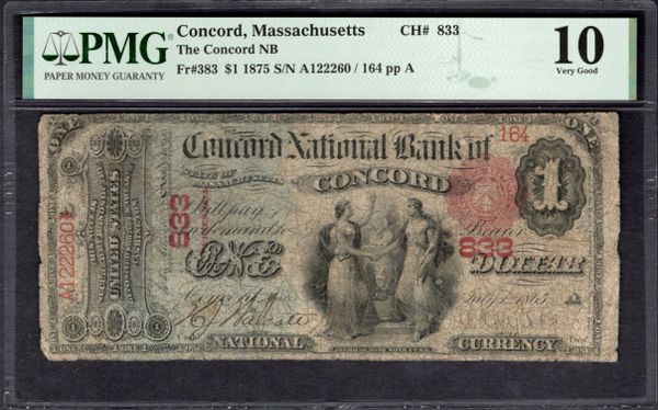 1875 $1 Concord National Bank Massachusetts PMG 10 Fr.383 CH#833 Item #2182128-011