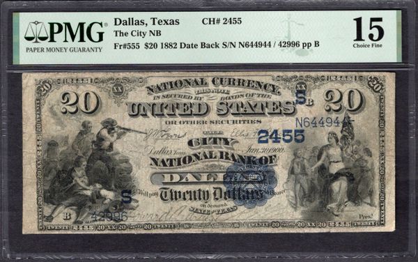 1882 $20 City National Bank Dallas Texas PMG 15 Fr.555 CH#2455 Item #1995948-007