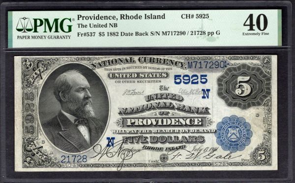 1882 $5 United National Bank Providence Rhode Island PMG 40 Fr.537 CH#5925 Item #2017967-006