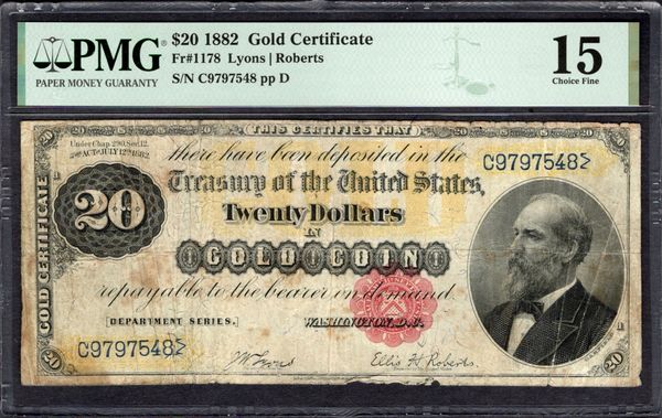 1882 $20 Gold Certificate PMG 15 Fr.1178 Item #1996281-001