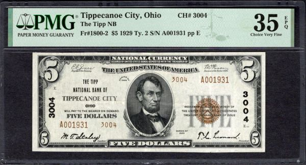 1929 $5 Tipp National Bank Tippecanoe City Ohio PMG 35 EPQ Fr.1800-2 CH#3004 Item #1996332-004