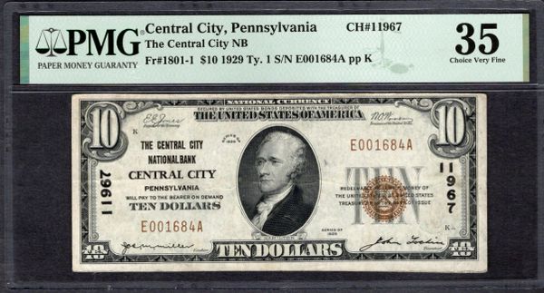 1929 $10 Central City National Bank Pennsylvania PMG 35 Fr.1801-1 CH#11967 Item #1995993-013